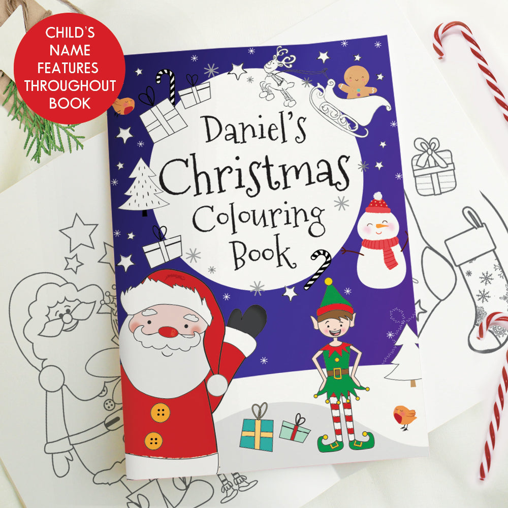 Christmas-themed coloring book with Santa Claus and elf design on a white background.