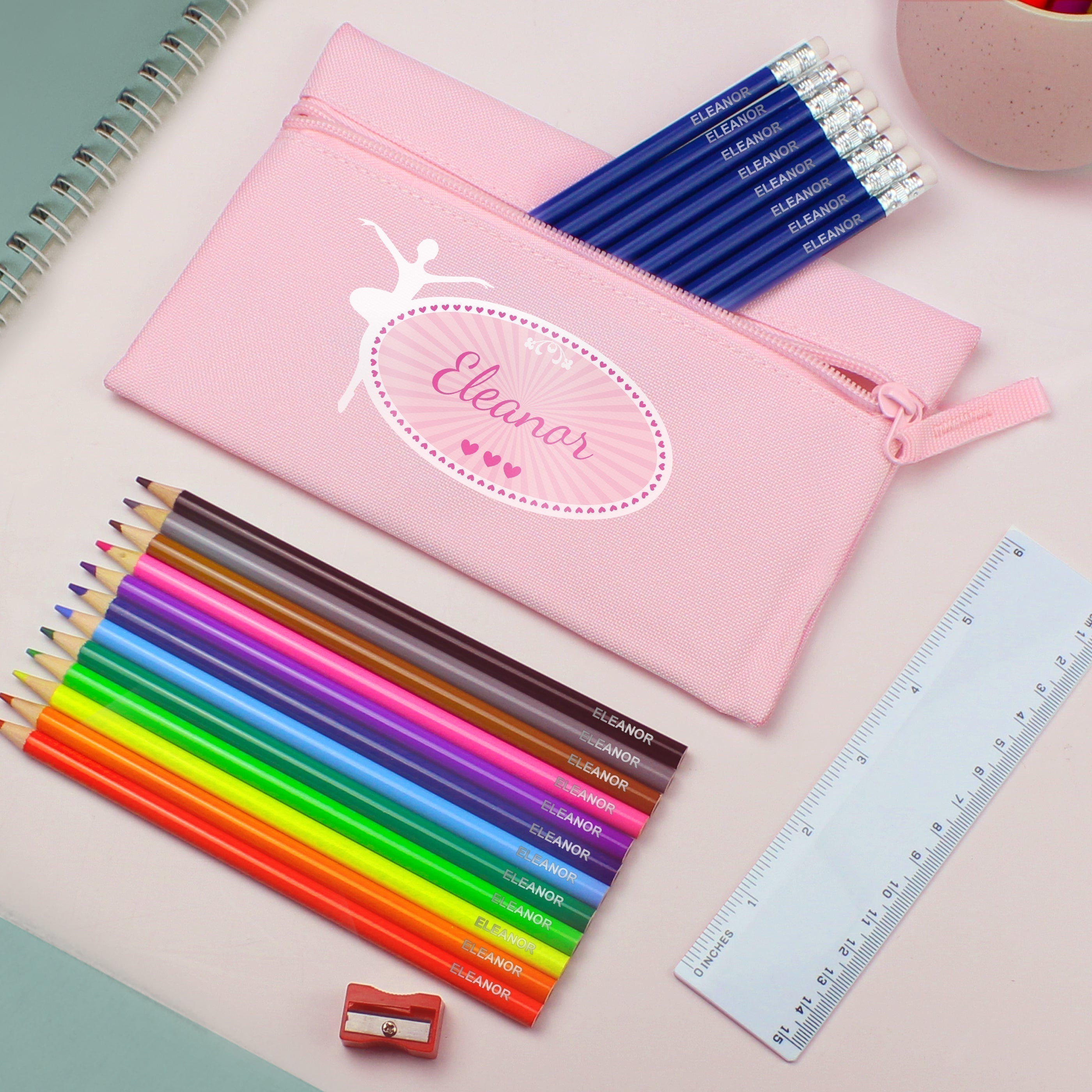 Eleanoras Ballerina Pencil Case with Personalised Pencils & Crayons Stationery Sets