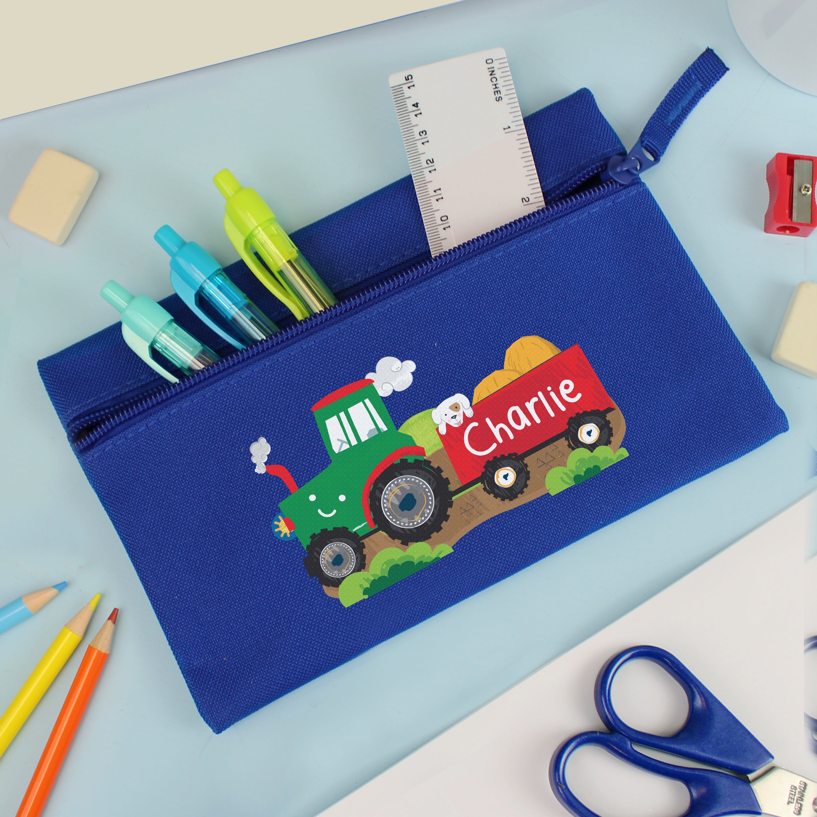 Eleanoras Personalised Tractor Blue Pencil Case Pencil Cases