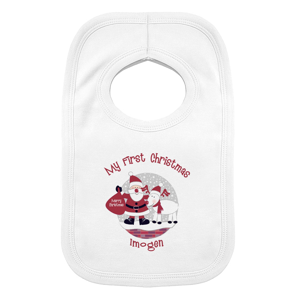 White baby bib with Christmas design and text on a white background