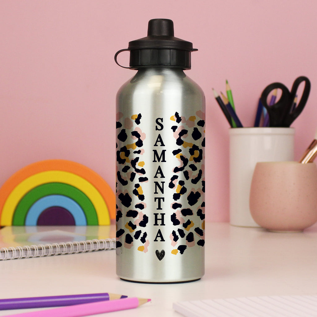 Eleanoras Personalised Leopard Print Silver Drinks Bottle Bottles & Flasks