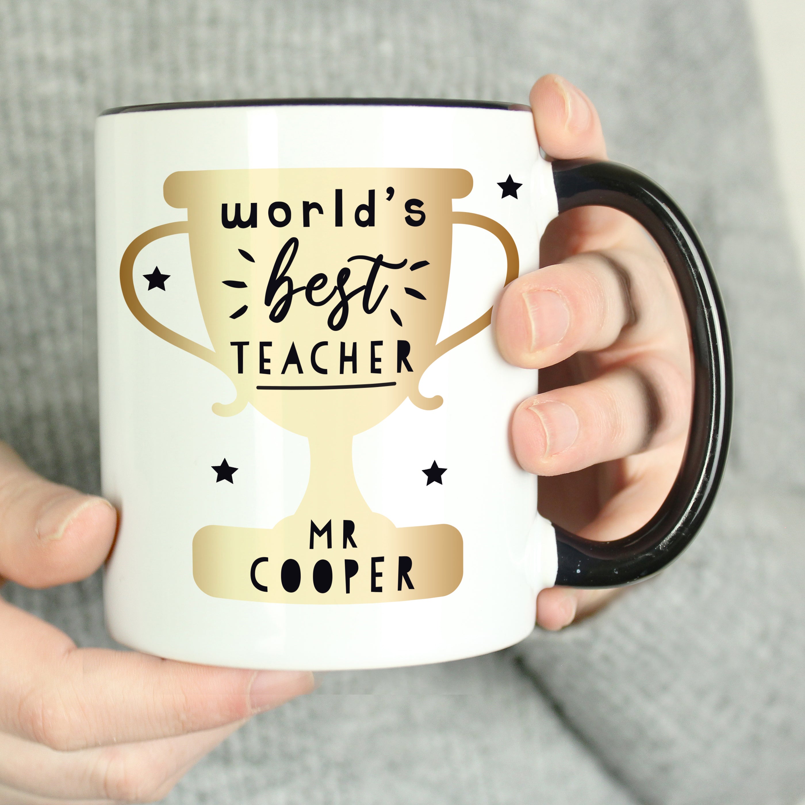 Eleanoras Personalised World's Best Teacher Trophy Black Handled Mug Mugs