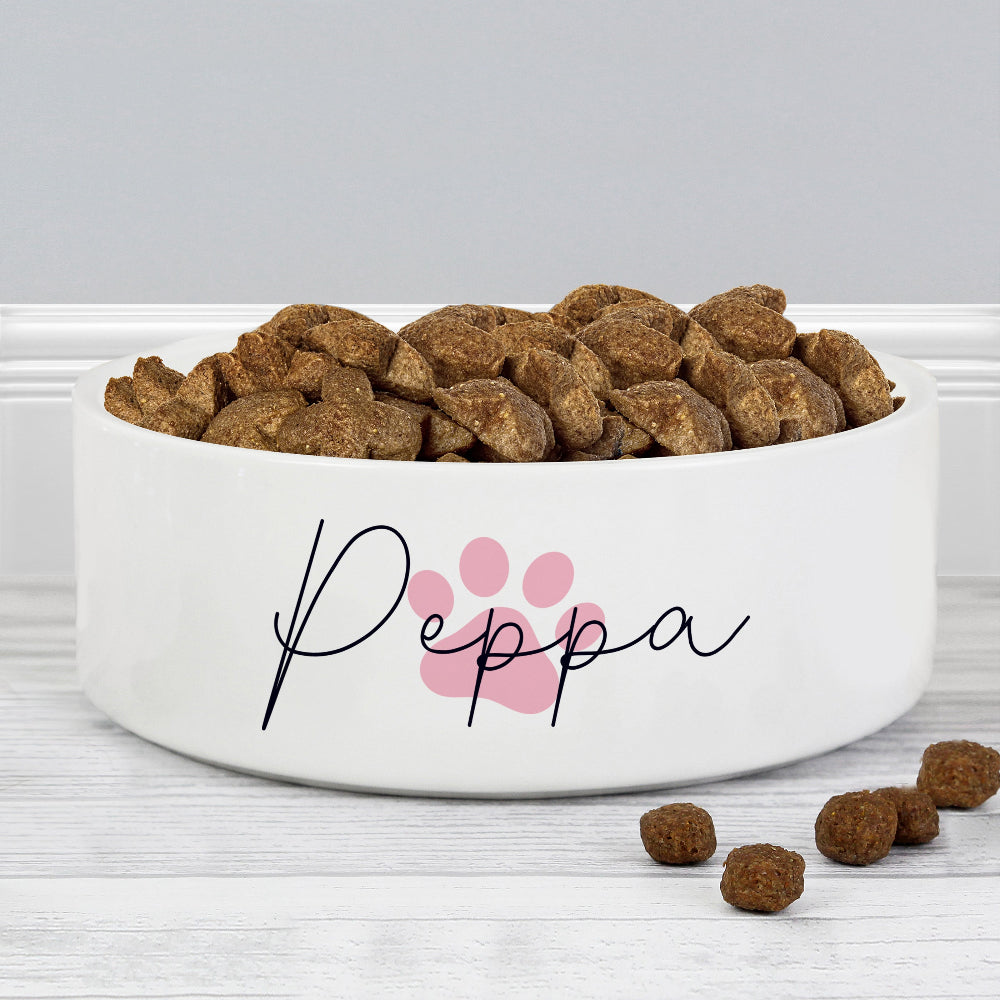 Eleanoras Personalised Pink Paw Print Medium Pet Bowl Pet Bowls