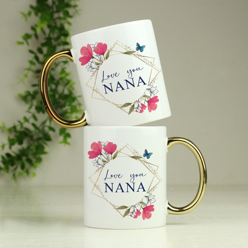 Eleanoras Nanny Geometric Gold Handle Personalised Mug Mugs