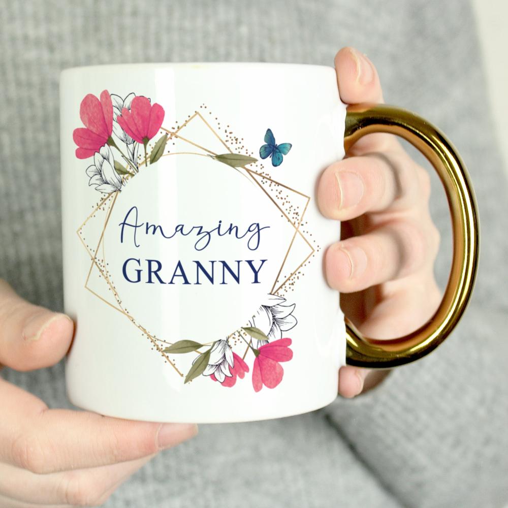 Eleanoras Nanny Geometric Gold Handle Personalised Mug Mugs