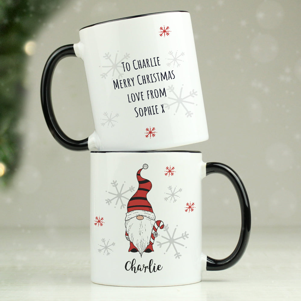 Personalised Boy Gonk Family Black Handled Christmas Mug
