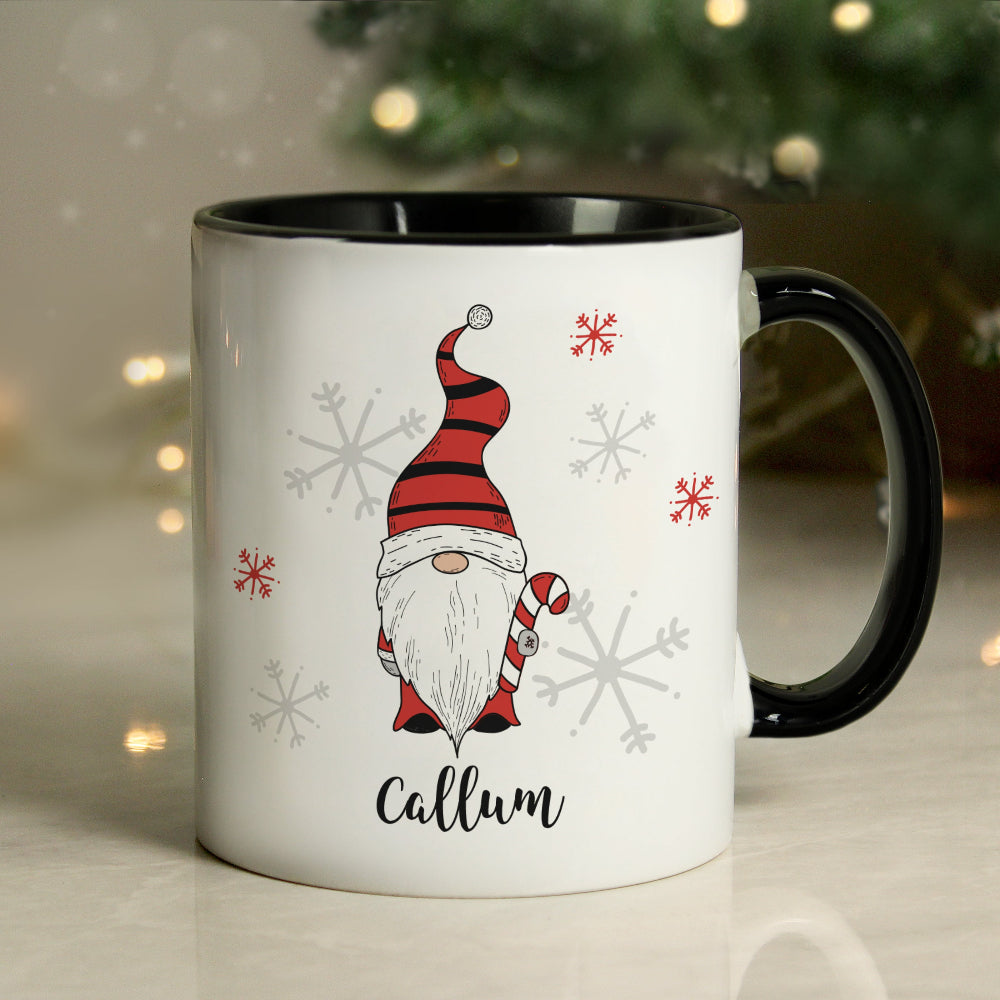 Personalised Boy Gonk Family Black Handled Christmas Mug
