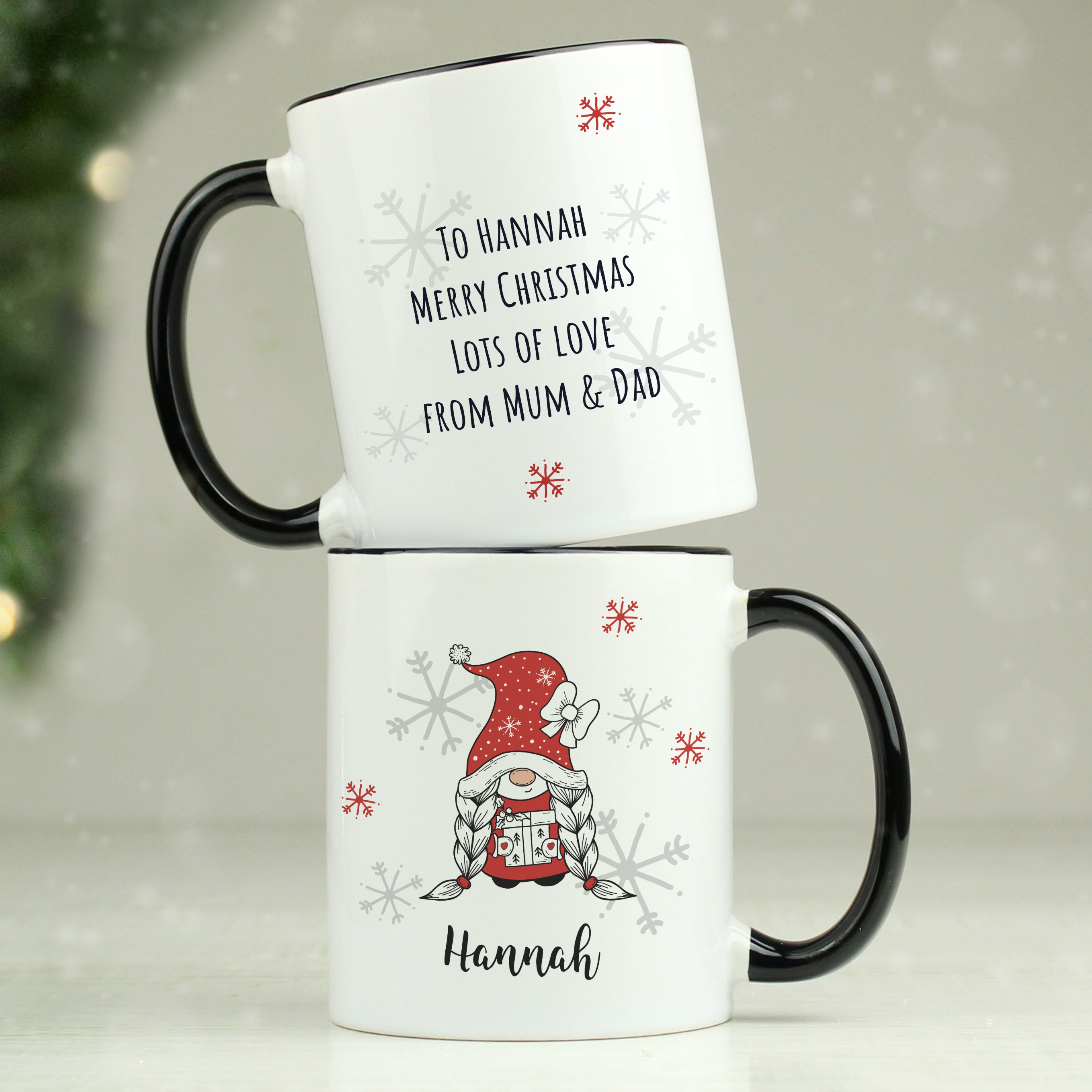 Personalised Girl Gonk Family Black Handled Christmas Mug