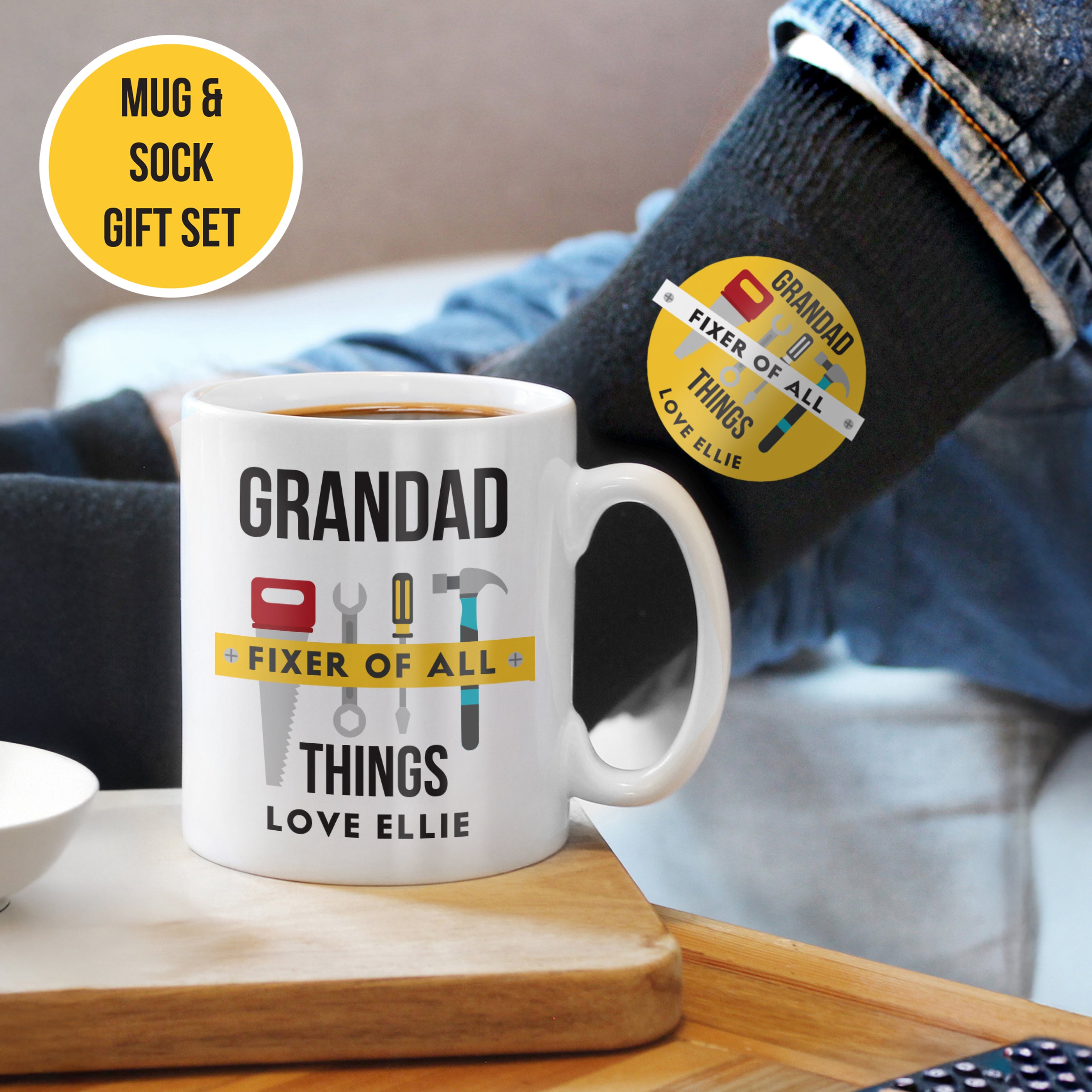 Personalised Grandad Fixer of All Things Mug & Socks Set