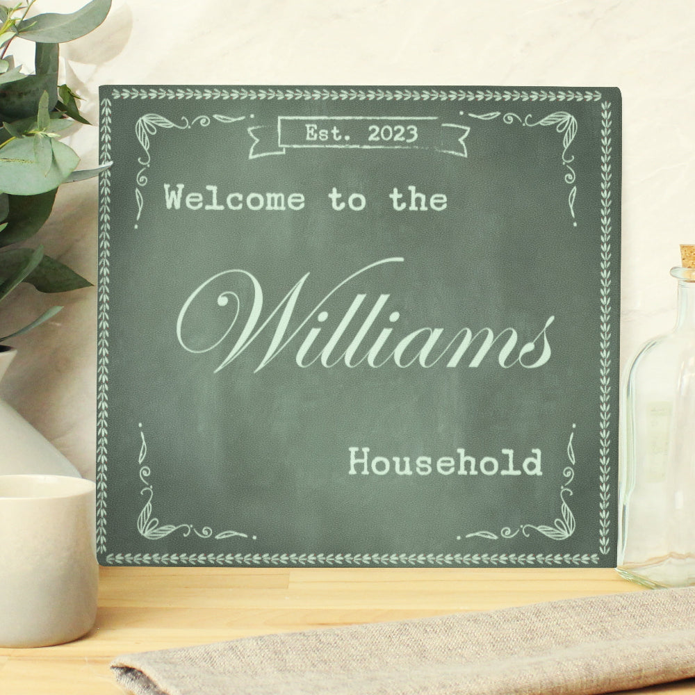 Eleanoras Personalised Family Chalk Glass Chopping Board Worktop Protectors