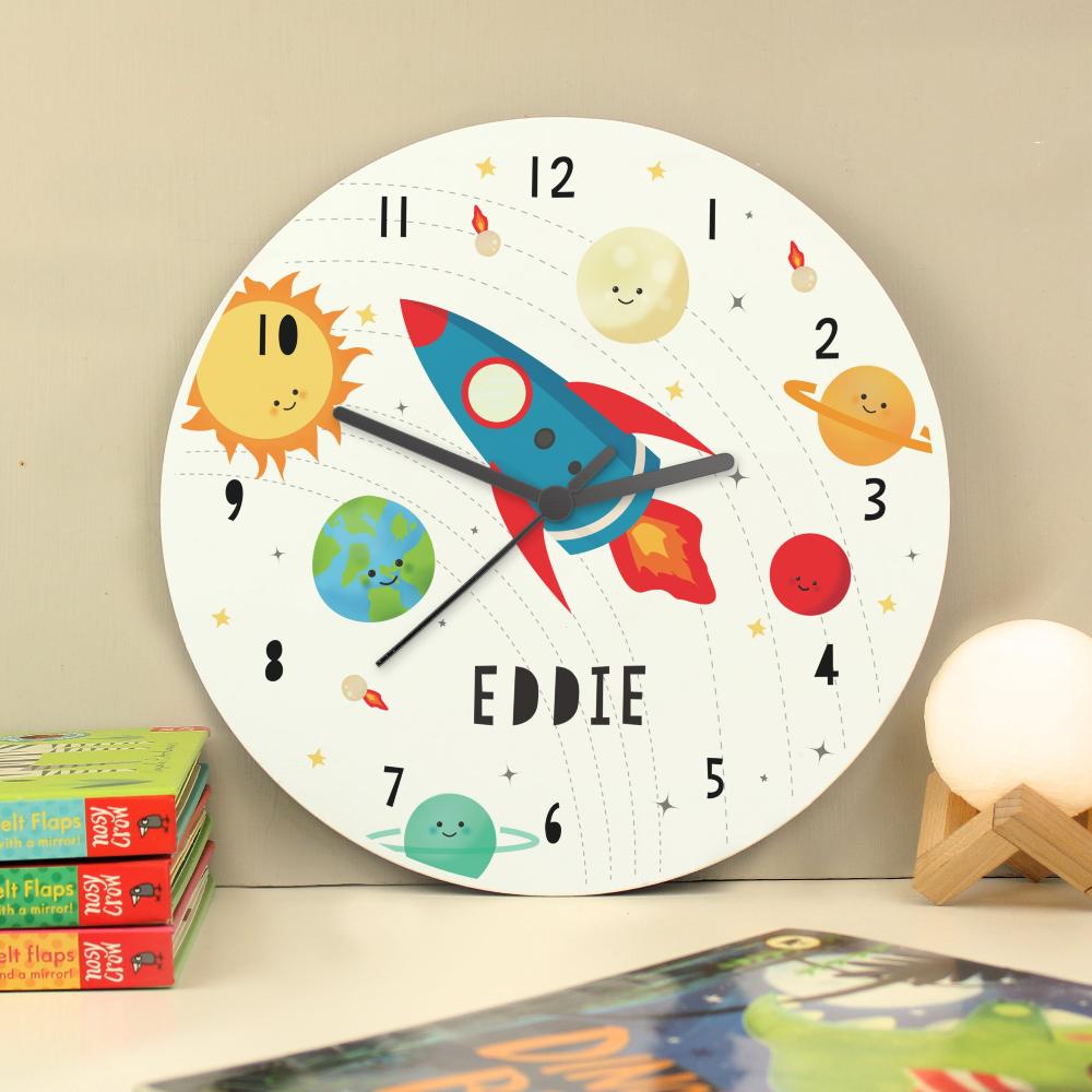 Eleanoras Personalised Rocket in Space Large Wooden Clock Clocks