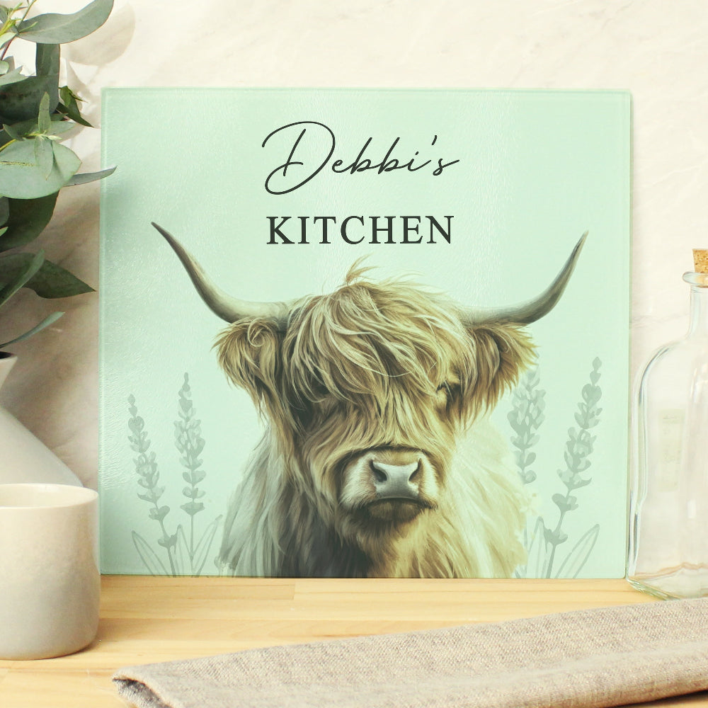Eleanoras Personalised Highland Cow Glass Chopping Board Chopping Boards