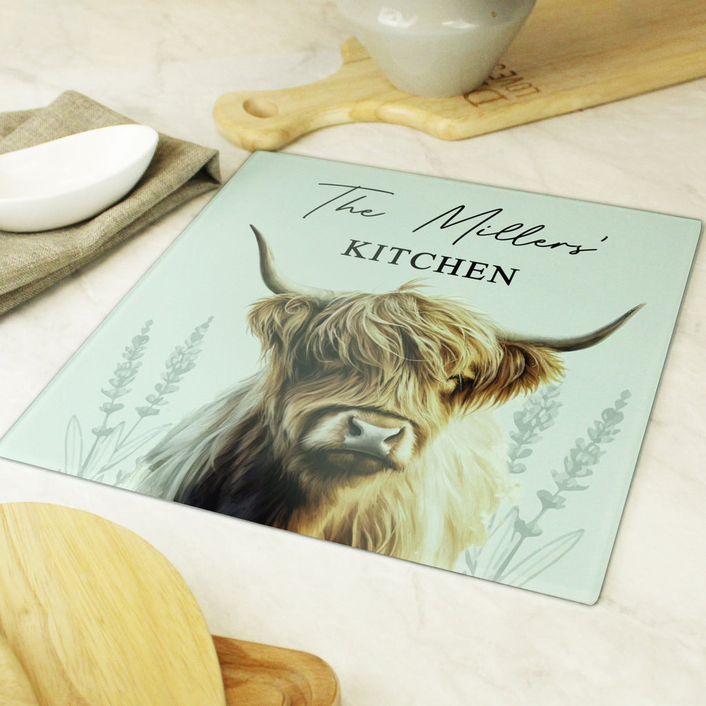 Eleanoras Personalised Highland Cow Glass Chopping Board Chopping Boards
