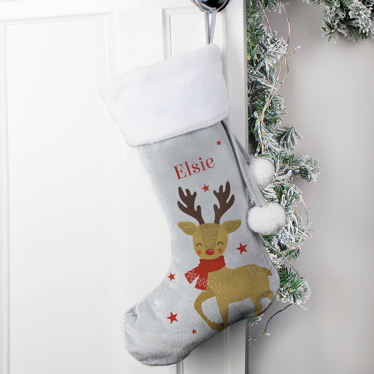 REINDEER SILVER PERSONALISED CHRISTMAS STOCKING