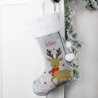 REINDEER SILVER PERSONALISED CHRISTMAS STOCKING