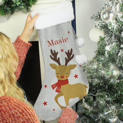 REINDEER SILVER PERSONALISED CHRISTMAS STOCKING