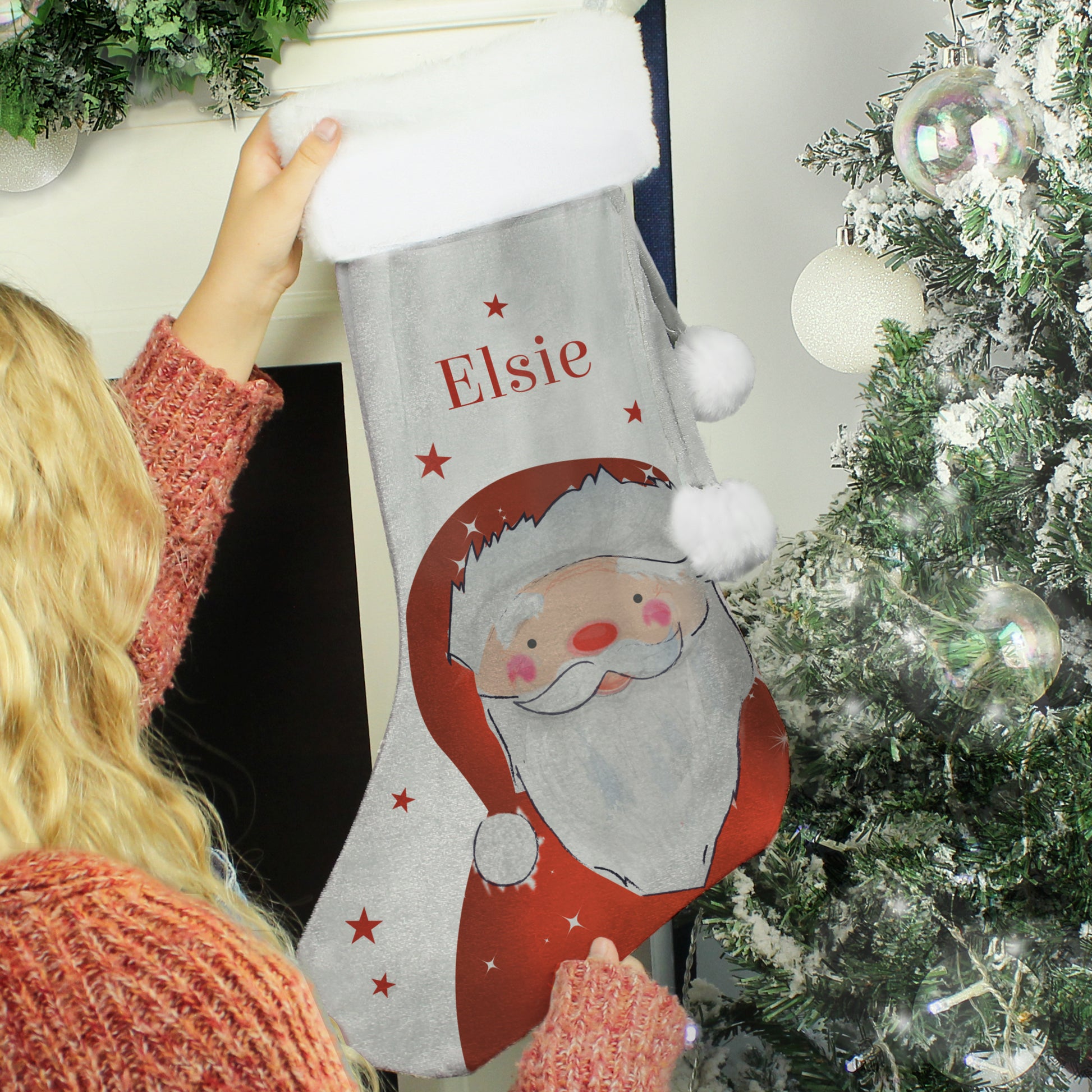 SANTA  PERSONALISED  SILVER CHRISTMAS STOCKING