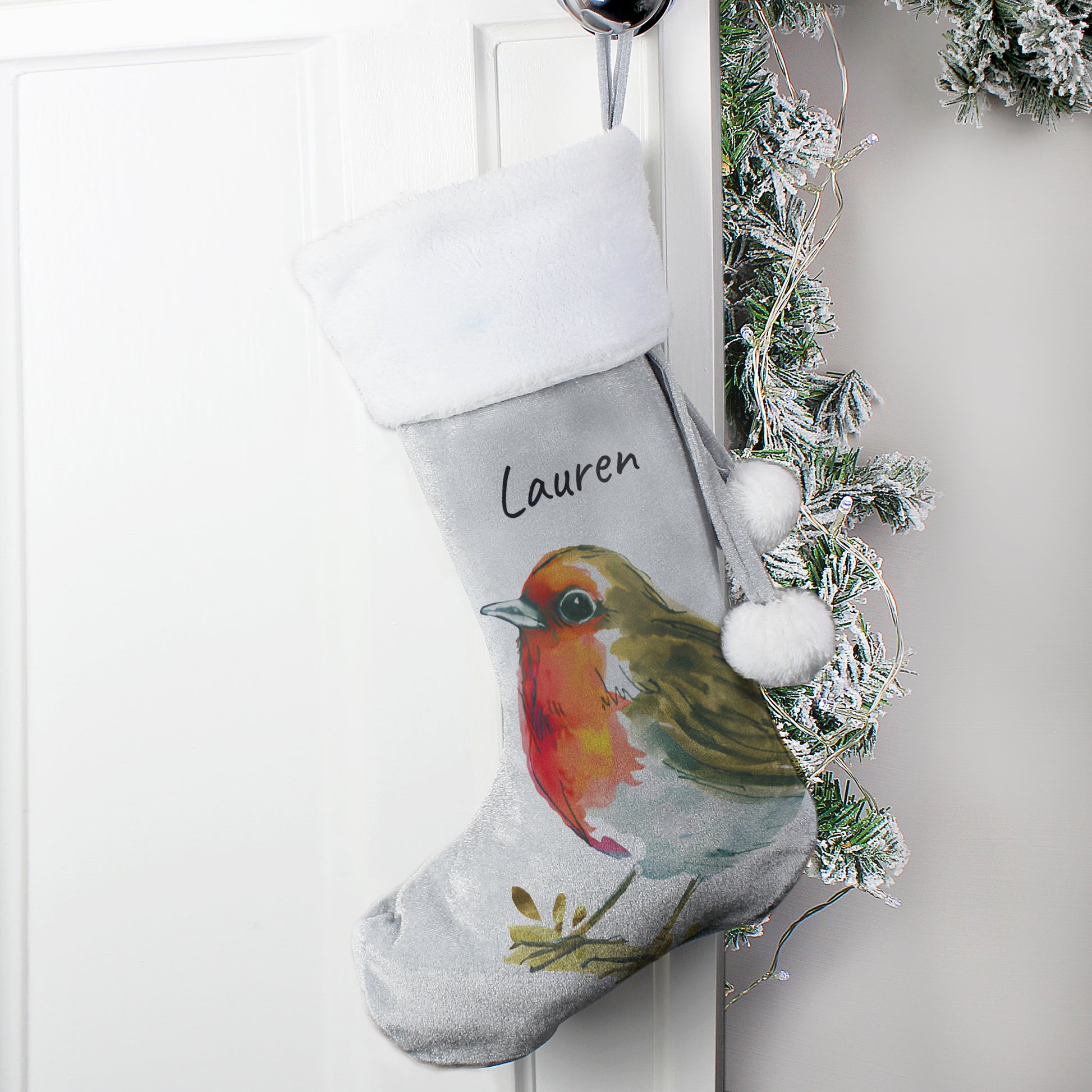 ROBIN PERSONALISED SILVER CHRISTMAS STOCKING