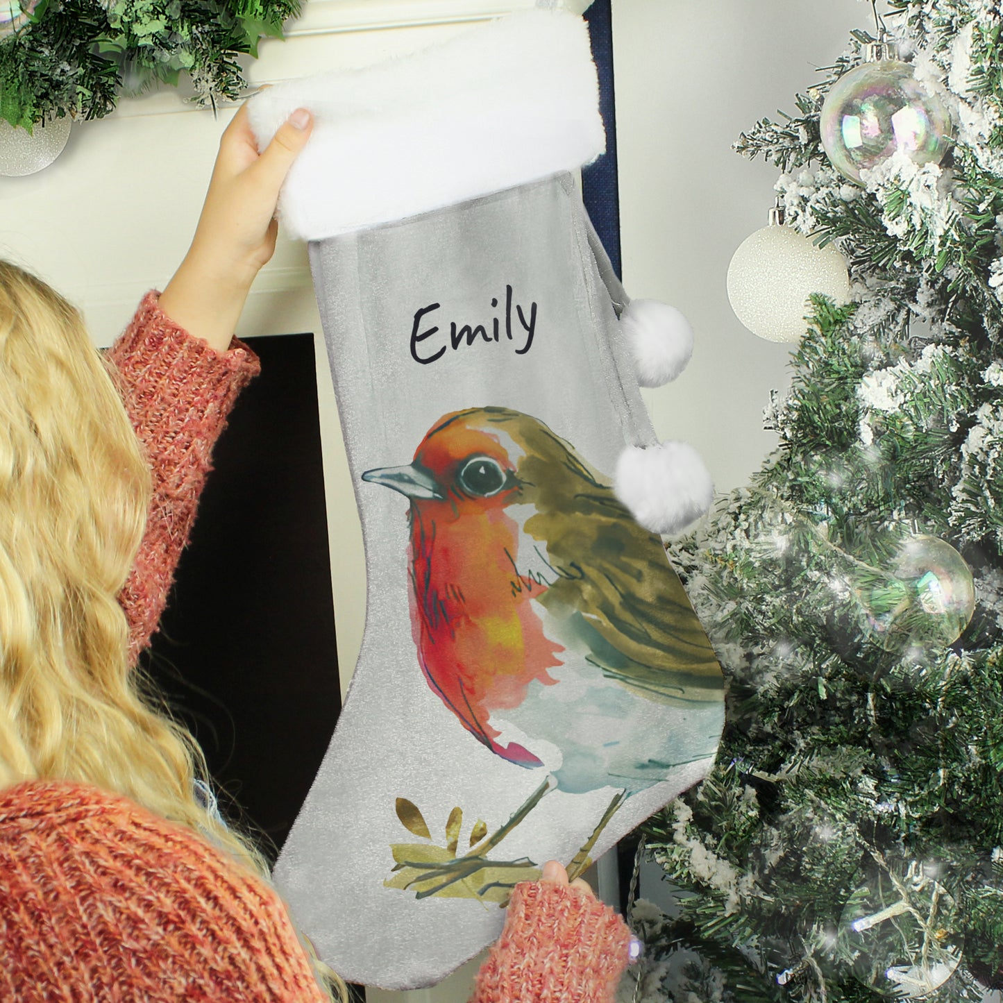 ROBIN PERSONALISED SILVER CHRISTMAS STOCKING