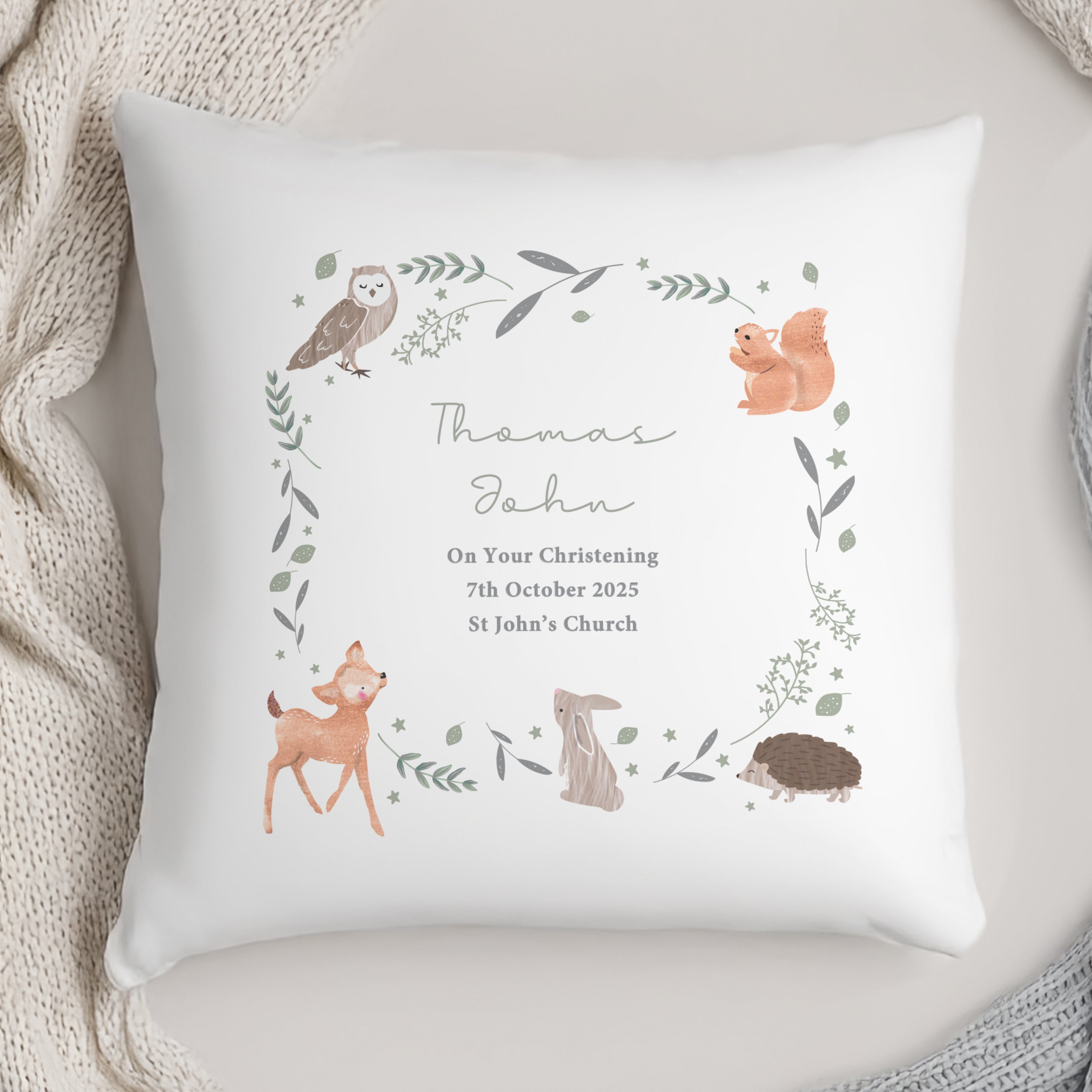 Eleanoras Personalised Woodland Animals Christening  Cushion Cushions & Covers
