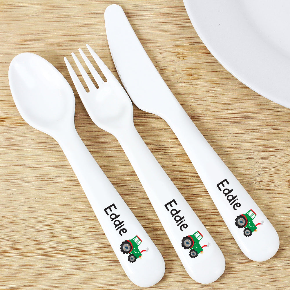 Eleanoras Personalised Tractor 3 Piece Plastic Cutlery Set Cutlery