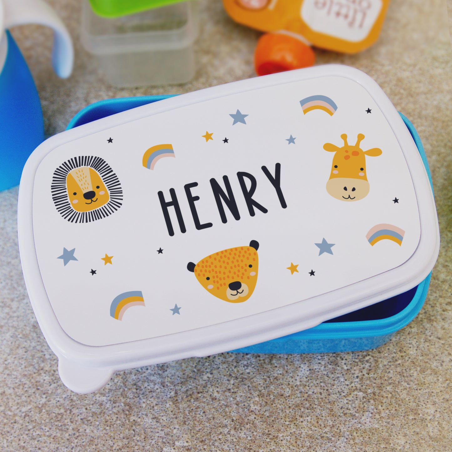 SAFARI ANIMALS PERSONALISED BLUE LUNCH BOX