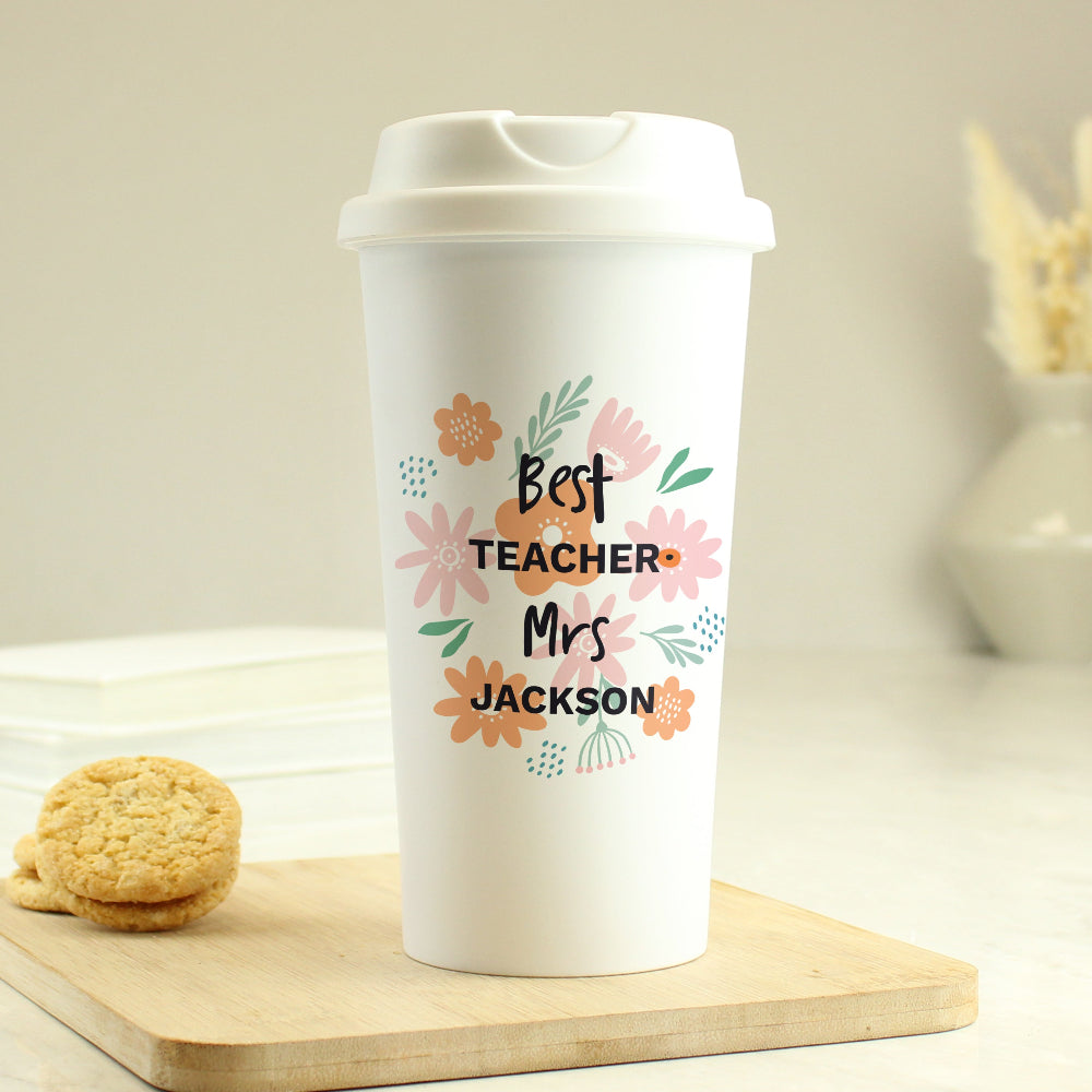 Eleanoras Personalised Best Teacher Floral Travel Mug Drinkware