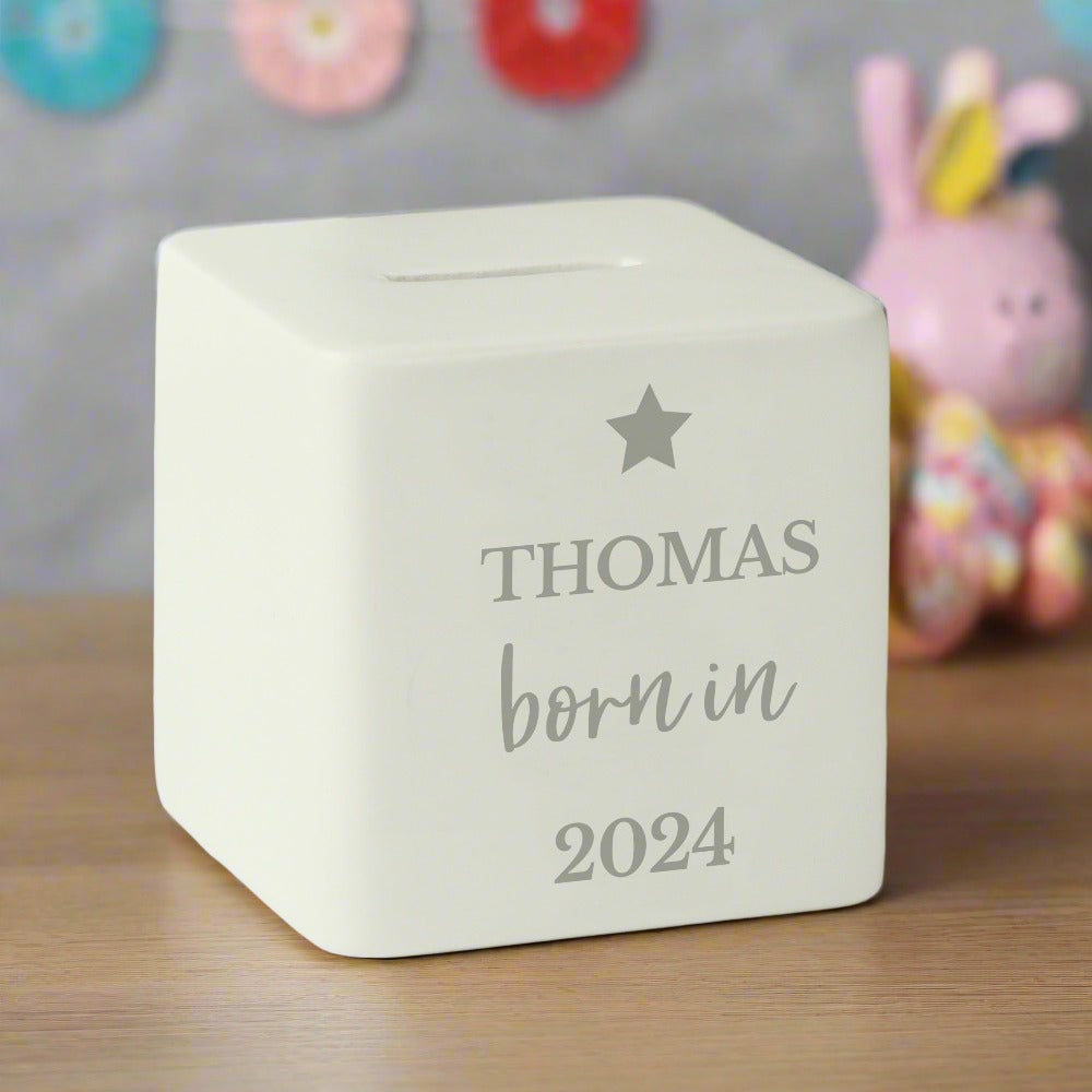 Eleanoras BORN IN PERSONALISED MONEY BOX MONEY BOXES