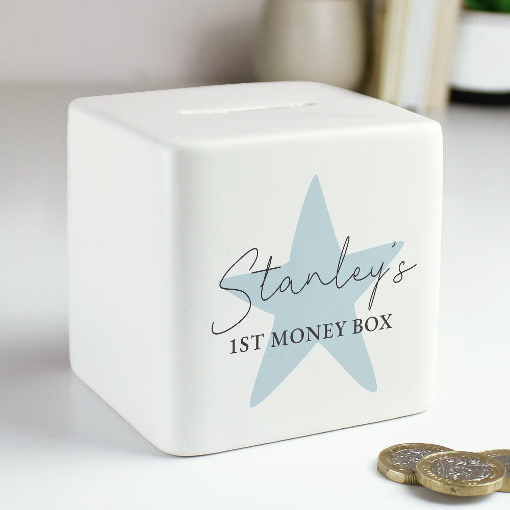 Eleanoras Personalised Blue Star Ceramic Square Money Box Money Boxes