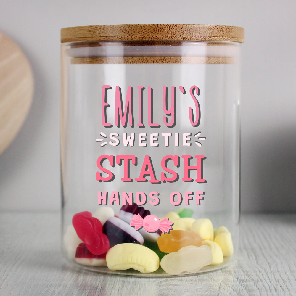 Eleanoras Personalised Sweetie Stash Glass Jar with Bamboo Lid Storage Jars