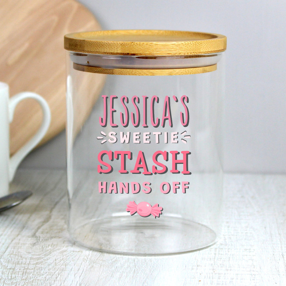 Eleanoras Personalised Sweetie Stash Glass Jar with Bamboo Lid Storage Jars