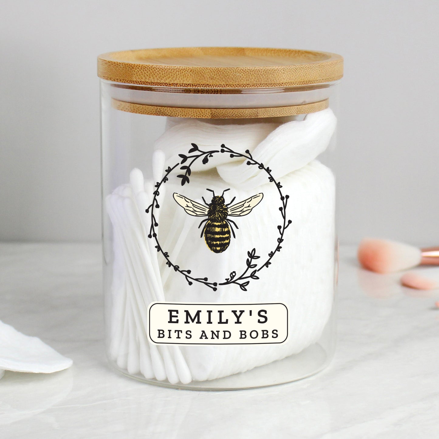 Eleanoras Personalised Bee Glass Jar with Bamboo Lid 