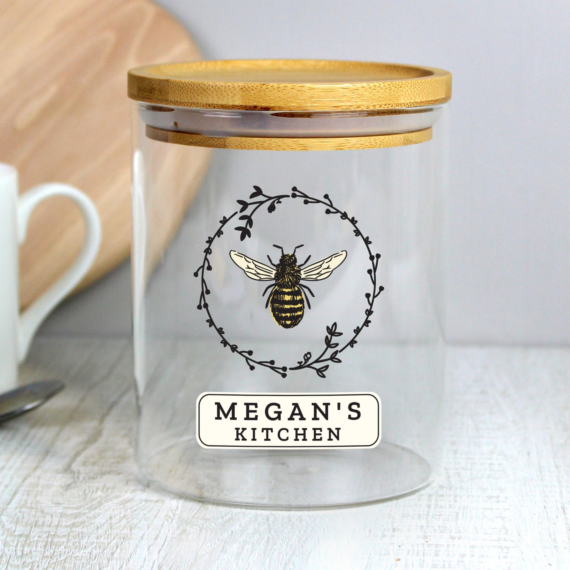 Eleanoras Personalised Bee Glass Jar with Bamboo Lid 