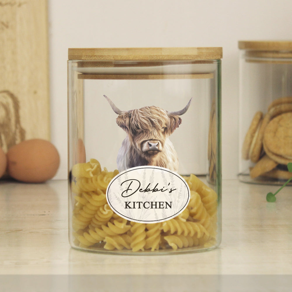 Eleanoras Personalised Highland Cow Glass Jar Storage Jars