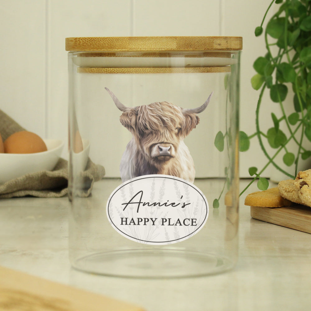 Eleanoras Personalised Highland Cow Glass Jar Storage Jars