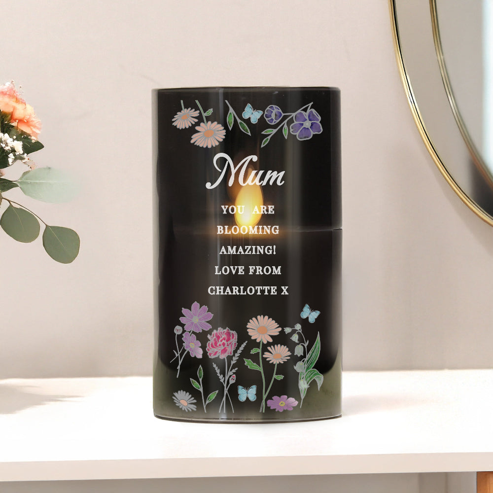 Eleanoras Personalised Wild Flowers Smoked Glass LED Candle 
