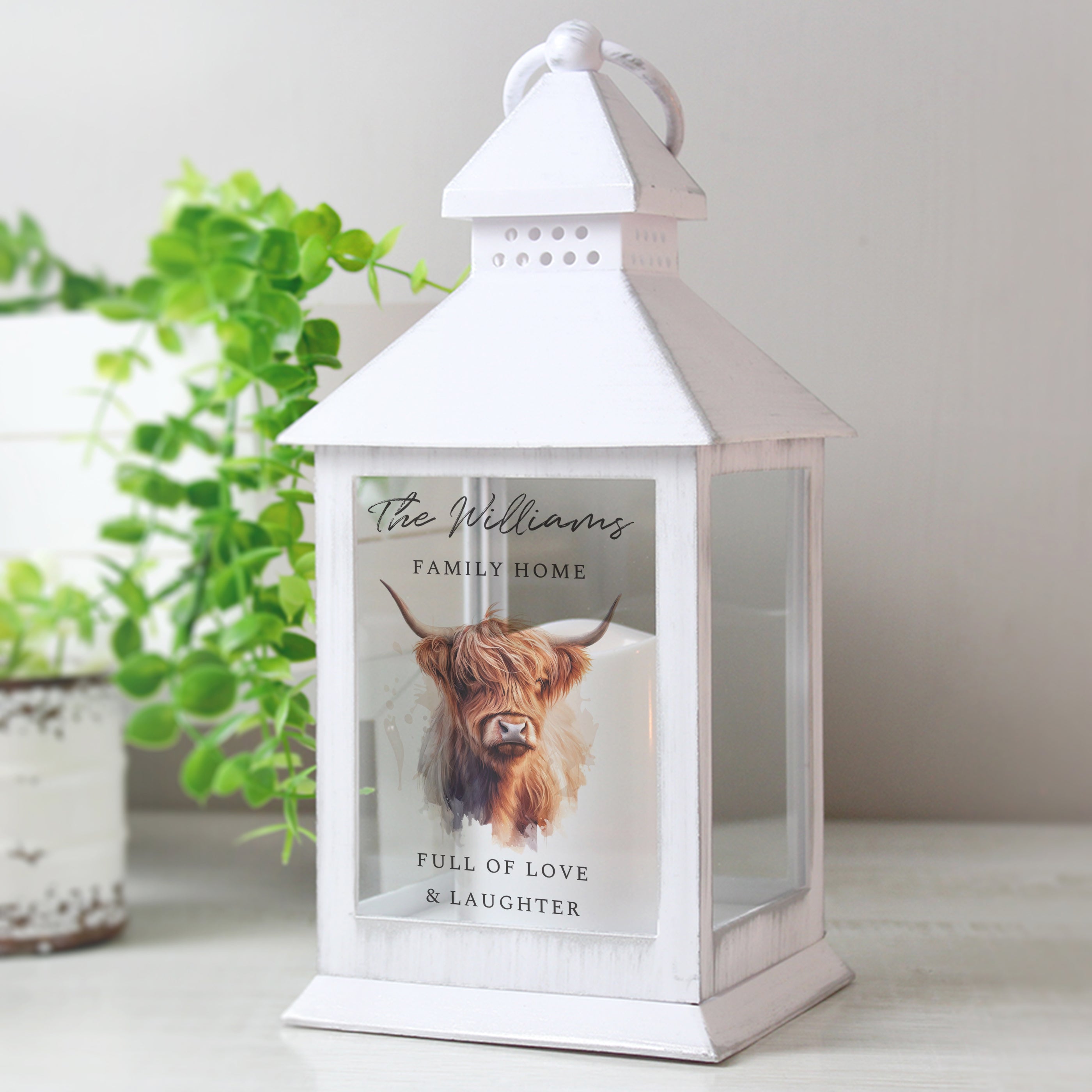 Eleanoras Personalised Highland Cow LED Lantern Lamps, Lights & Lanterns