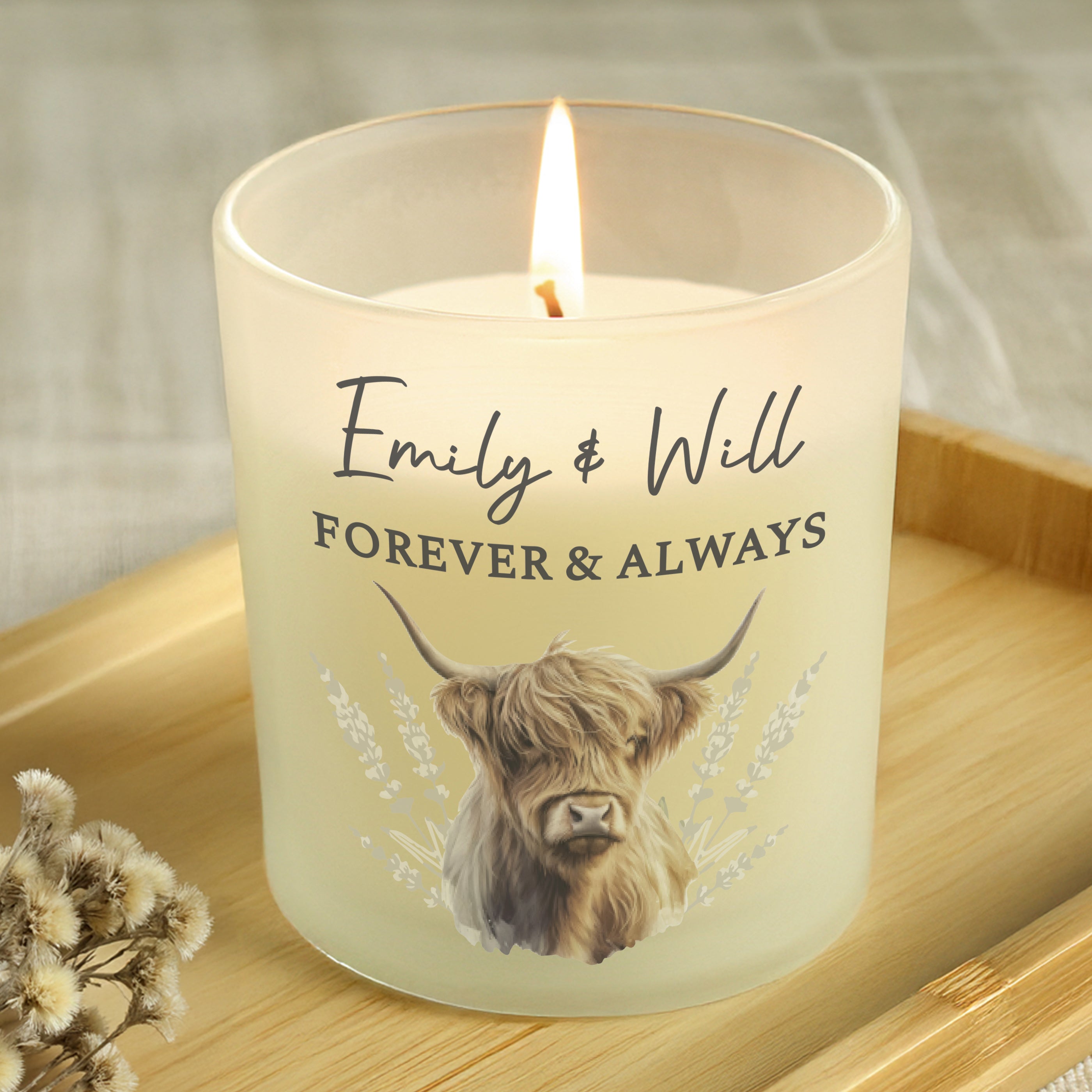 Eleanoras Personalised Highland Cow Frosted Glass Candle Home Fragrance