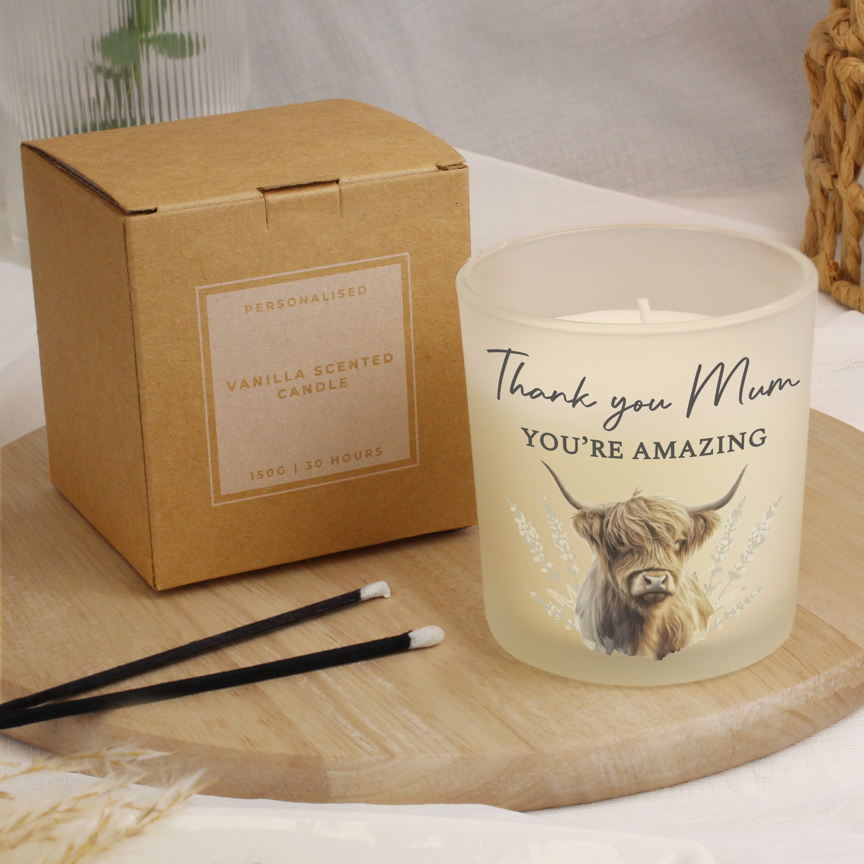 Eleanoras Personalised Highland Cow Frosted Glass Candle Home Fragrance