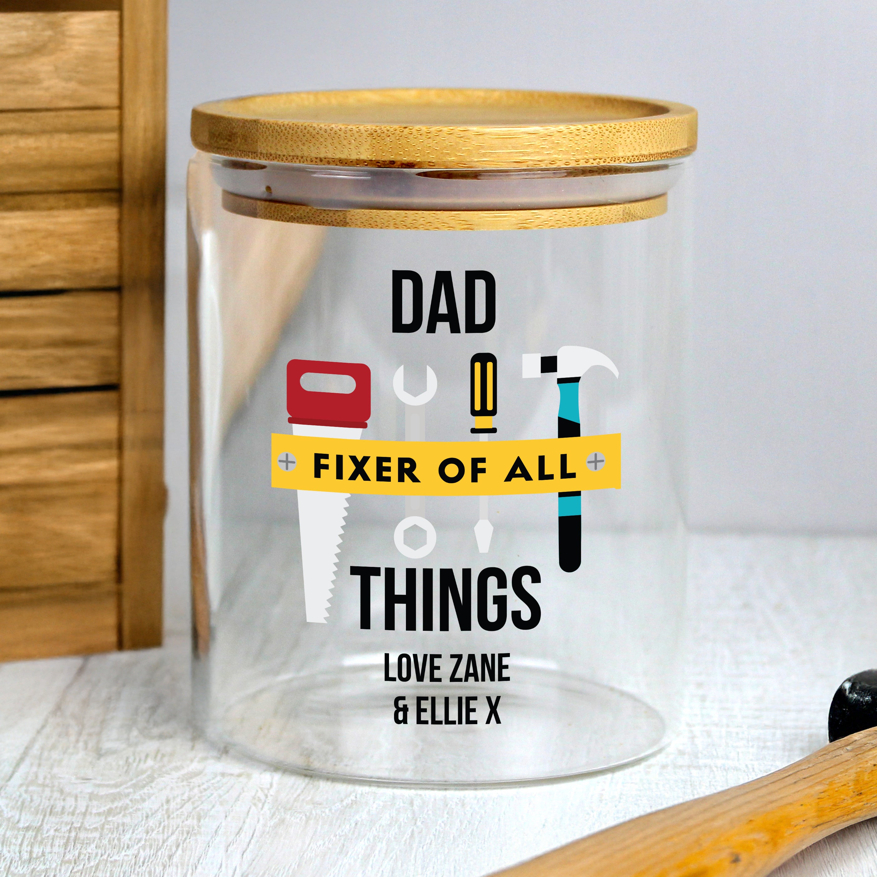 Eleanoras Personalised Dad Fixer of All Things Storage Jar 
