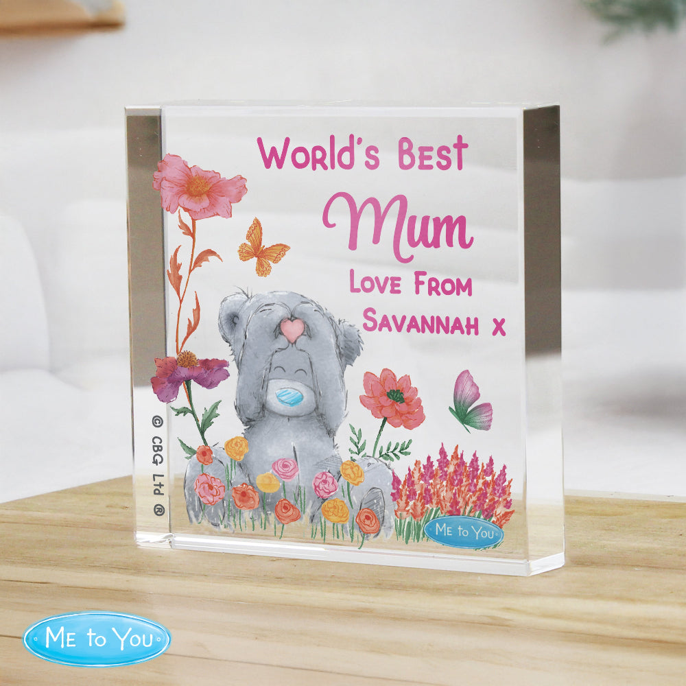 Personalized glass block with teddy bear and floral design, featuring text 'World's Best Mum Love From Savannah X'.