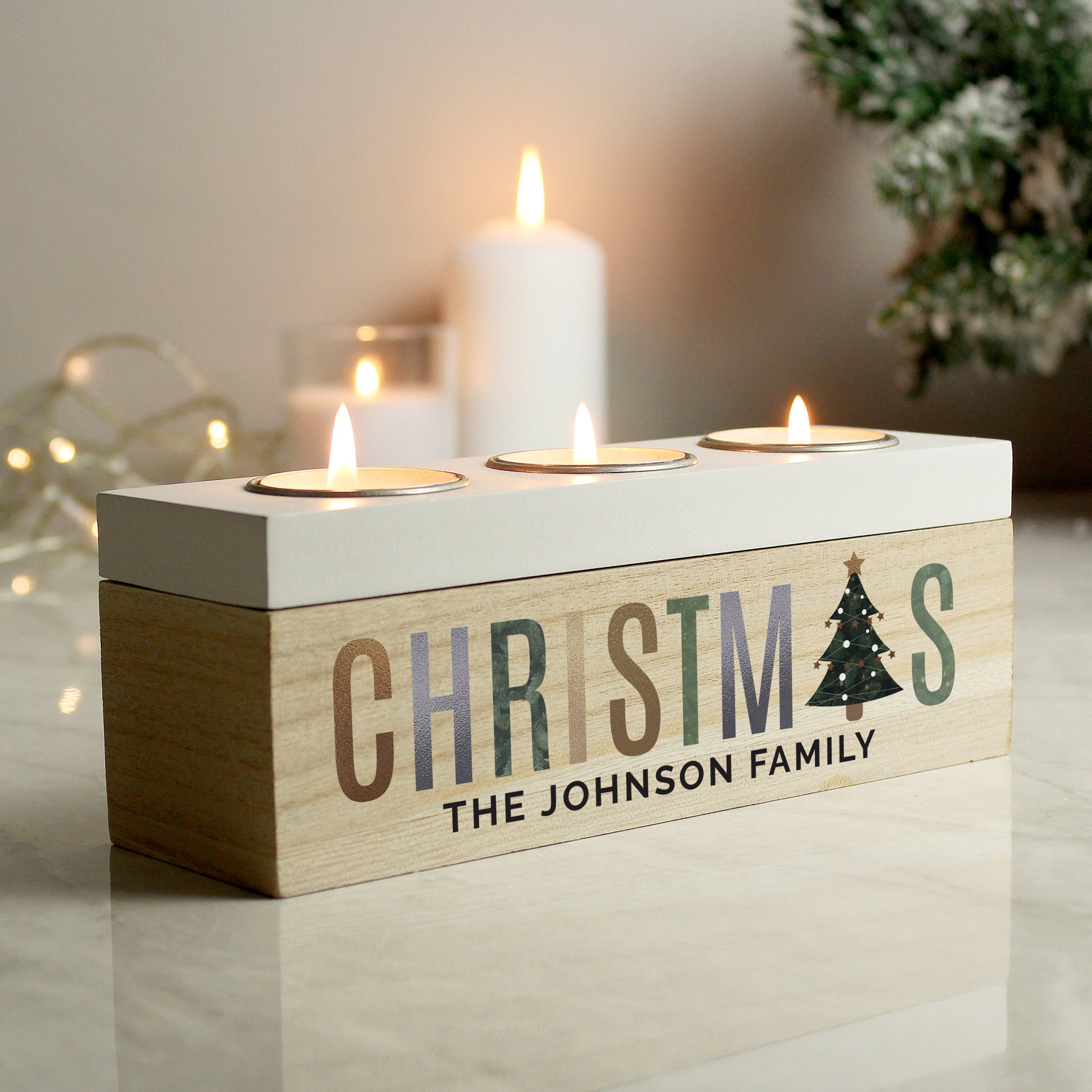 Eleanoras CHRISTMAS TREE PERSONALISED TRIPLE TEA LIGHT BOX Candle Holders