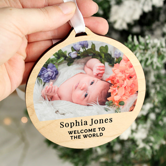 Eleanoras Welcome To The World Personalised Round Wooden Decoration 