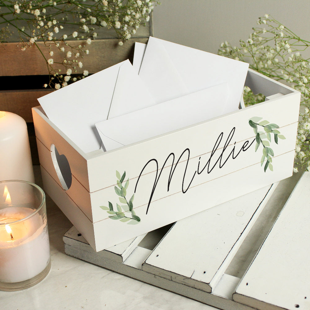 Eleanoras Personalised  Botanical White Wooden Crate 