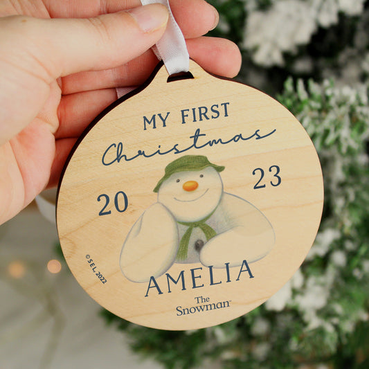 Personalised The Snowman My First Christmas Round Wooden Decoration