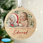 Eleanoras Personalised First Christmas Tiny Tatty Teddy Photo Upload Round Wooden Decoration 