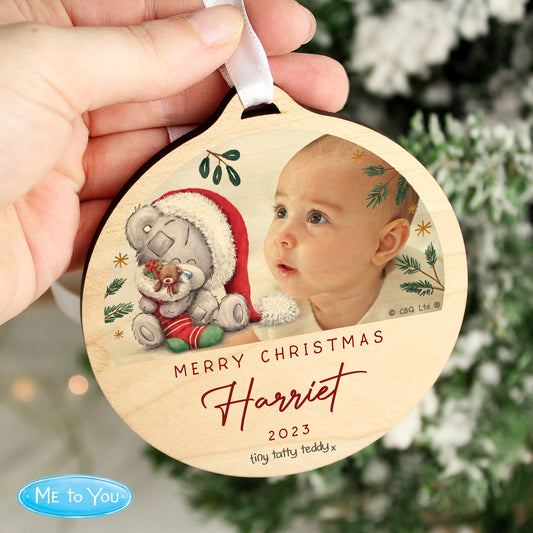 Eleanoras Personalised First Christmas Tiny Tatty Teddy Photo Upload Round Wooden Decoration 