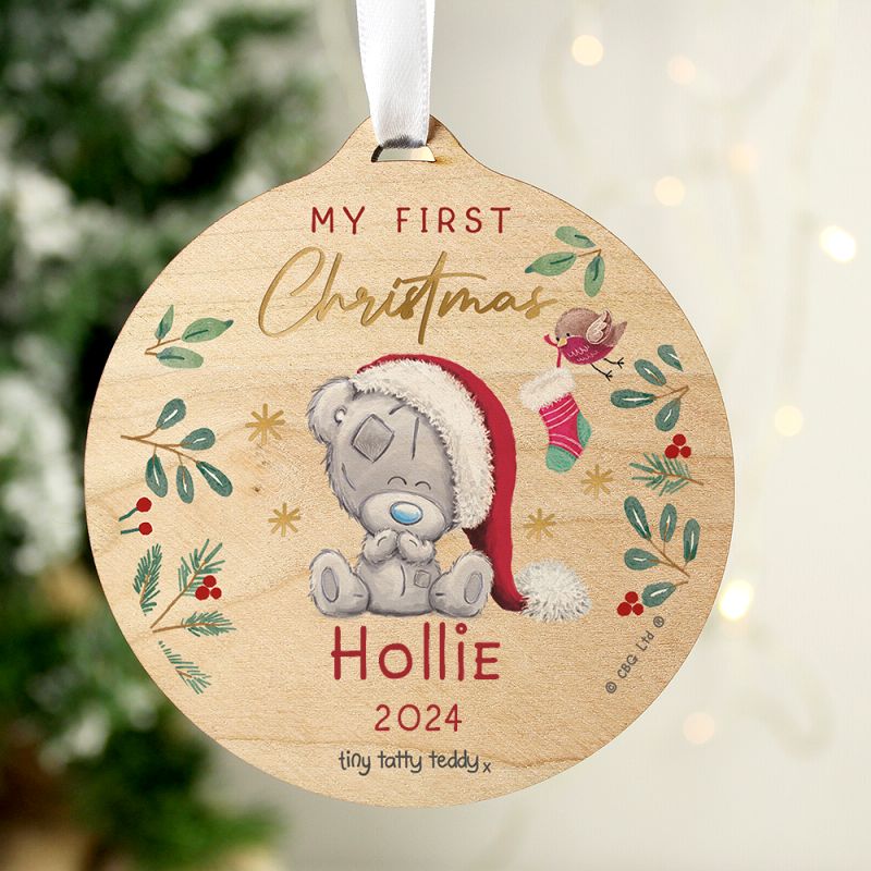 Eleanoras FIRST CHRISTMAS TINY TATTY TEDDY ROUND WOODEN DECORATION Christmas Decorations