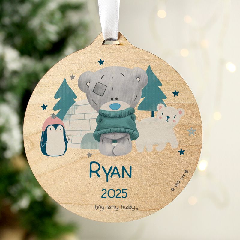 Personalised Winter Explorer Tiny Tatty Teddy Round Wooden Decoration