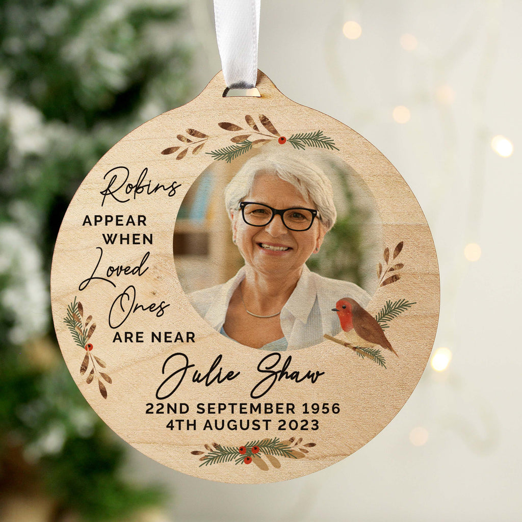 Eleanoras Personalised Photo Upload Robin Memorial Wooden Decoration 